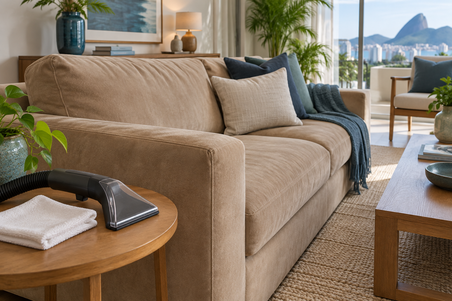 Sofá de suede em tom areia com almofada de linho em sala iluminada por luz natural, com detalhes em azul-petróleo e acessórios de limpeza.