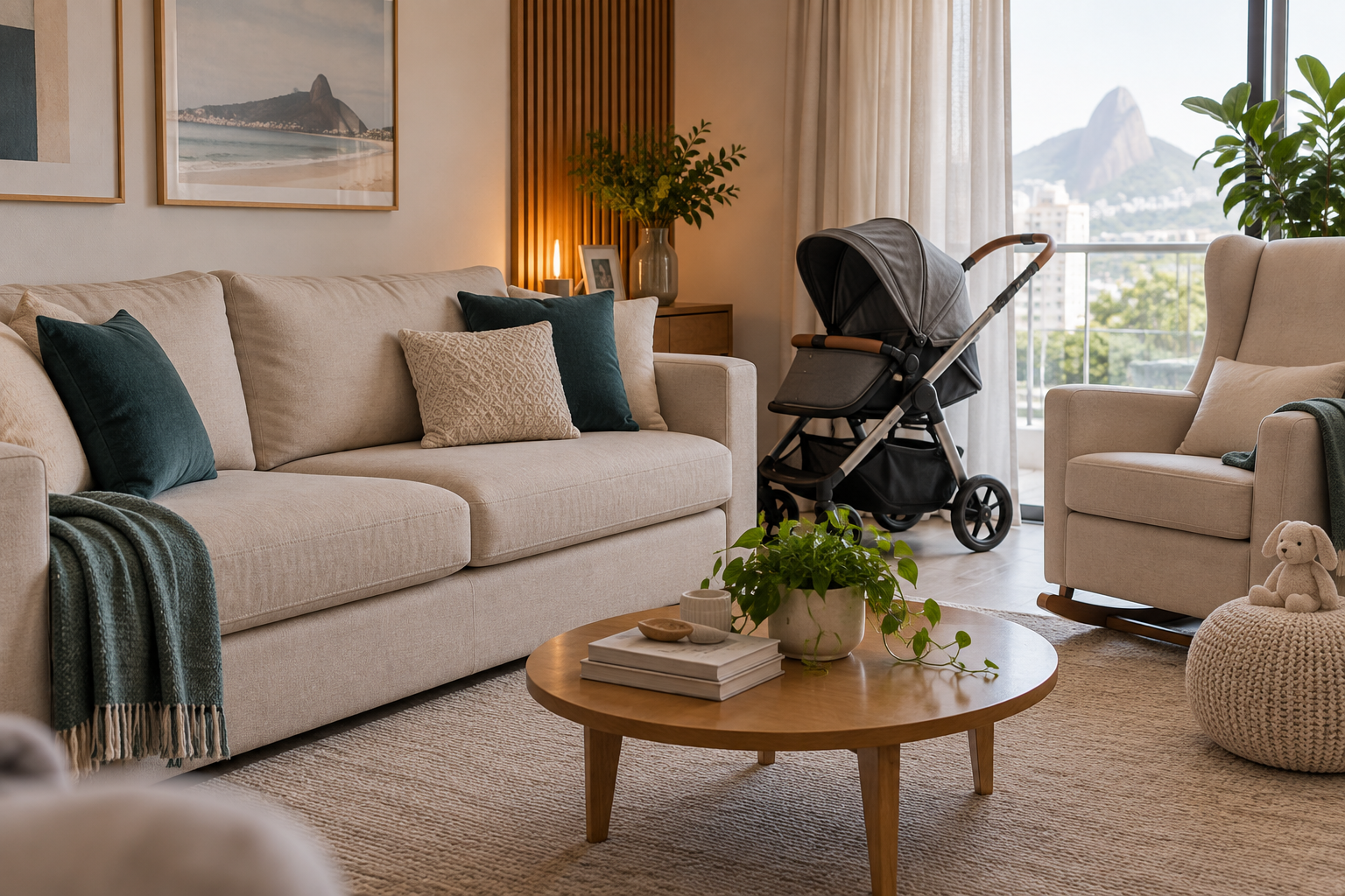 Sala residencial com sofá e poltrona em tons areia, detalhes em petróleo e carrinho de bebê, ilustrando cuidados na higienização de estofados.